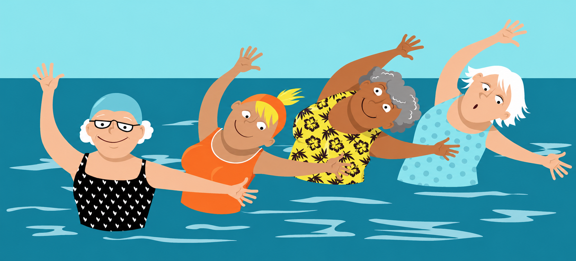 Illustration of old friends having a great time in the water - an inspiration to take care of friendships in friendship therapy